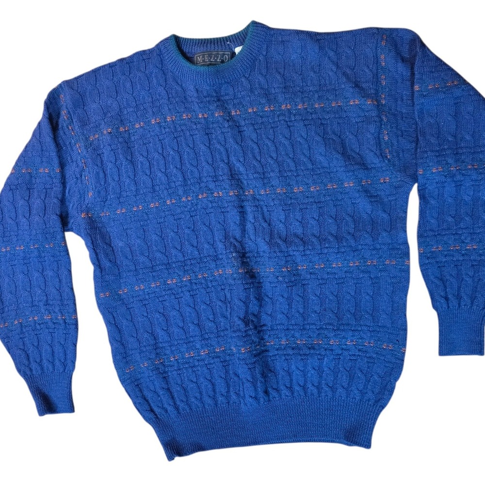Vtg Men L/XL Blue 100% Wool Cable Knit Crewneck Sweater Geometric Retro Soft 90s